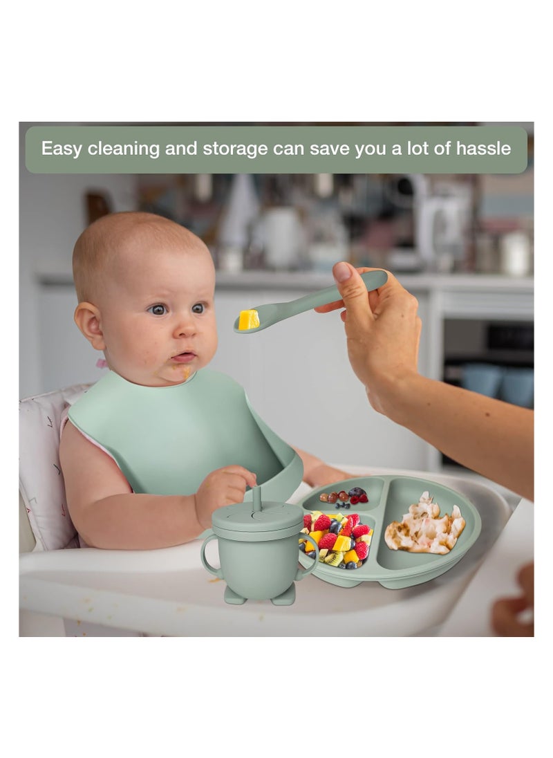 Manvik Baby Feeding Set 10-Piece | Baby Led Weaning Utensils Set Includes Suction Bowl and Plate, Baby Spoon and Fork, Sippy Cup with Straw and Lid | Baby Feeding Supplies (Army Green)  - Image 3
