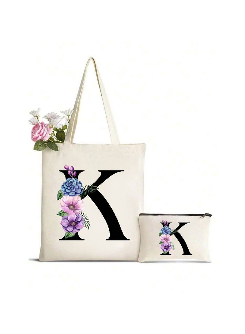 PRINTSHOP4ME Initial Monogrammed Canvas Tote Bag And Matching Makeup Bag Set-Thoughtful Gifts For Women,Teachers,College Students,Bridesmaids,Reusable Grocery Bags,Wedding,Holiday And Travel  - Image 1