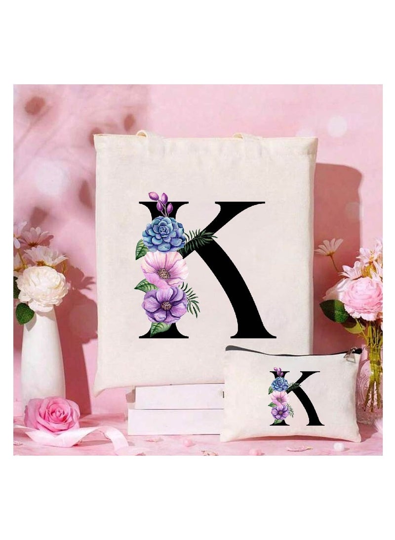 PRINTSHOP4ME Initial Monogrammed Canvas Tote Bag And Matching Makeup Bag Set-Thoughtful Gifts For Women,Teachers,College Students,Bridesmaids,Reusable Grocery Bags,Wedding,Holiday And Travel  - Image 2