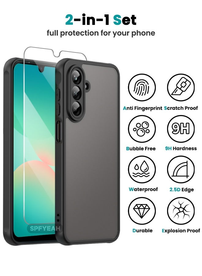 SPFYEAH [2-in-1] Samsung Galaxy A26 Case with HD Tempered Glass Screen Protector, Four Corners Airbag Shockproof Drop Proof Case, Slim Skin Friendly Frosted Phone Case for Samsung A26 5G 6.7 inch (Black, 1+1 Pack) - Image 2
