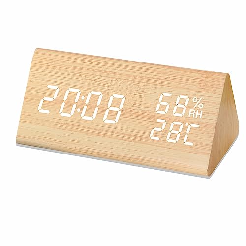 Lancoon Digital Alarm Clock Wooden Electronic LED Time Date Display Temperature Humidity Detection 3 Alarm Settings 3 Level Brightness for Home Bedroom Office Travel - Image 1