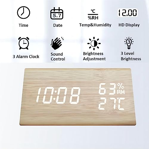 Lancoon Digital Alarm Clock Wooden Electronic LED Time Date Display Temperature Humidity Detection 3 Alarm Settings 3 Level Brightness for Home Bedroom Office Travel - Image 3