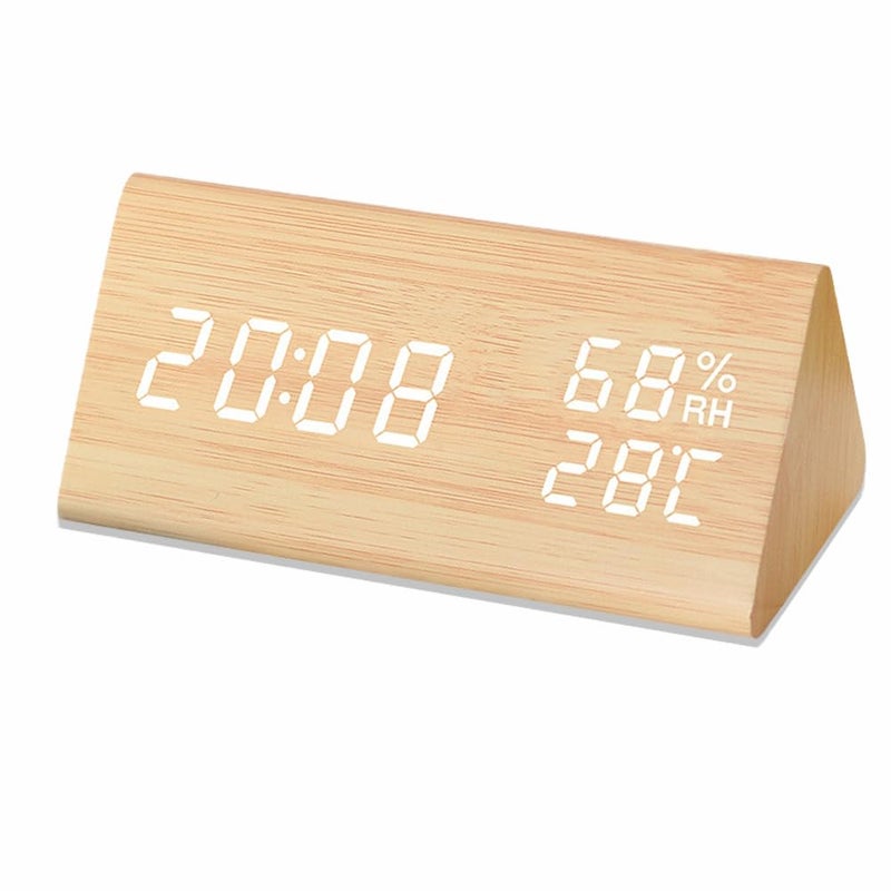 Lancoon Digital Alarm Clock Wooden Electronic LED Time Date Display Temperature Humidity Detection 3 Alarm Settings 3 Level Brightness for Home Bedroom Office Travel - Image 2