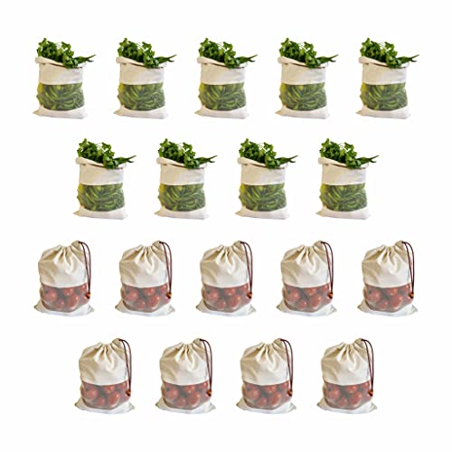 Fab Ellite Cotton Vegetable Bags Fridge Storage Bag Sabji Fruits Pouch Refrigerator Produce bags Clothe Muslin Reusable Washable with Drawstrings (Beige, Pack of 18) - Image 1