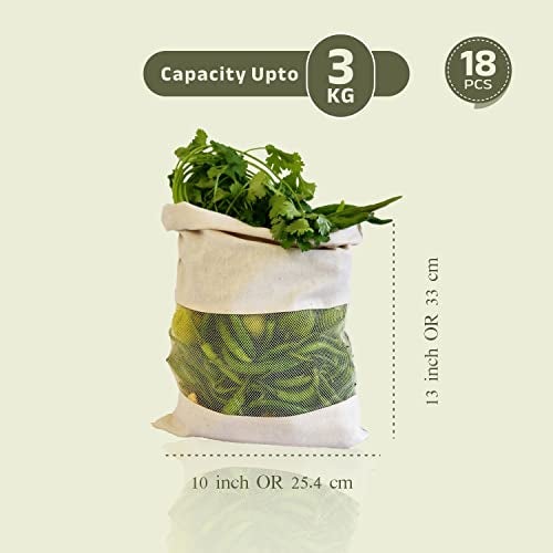 Fab Ellite Cotton Vegetable Bags Fridge Storage Bag Sabji Fruits Pouch Refrigerator Produce bags Clothe Muslin Reusable Washable with Drawstrings (Beige, Pack of 18) - Image 2