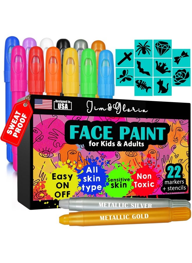 Jim&Gloria - Face Paint Kit With Gold And Silver 12 Colors Large Washable Face & Body Painting Crayons Stick With Stencils Kids Toddlers And Adults Gifts Crafts For Birthday, Pride Day Usa 4Th Of July - Image 1
