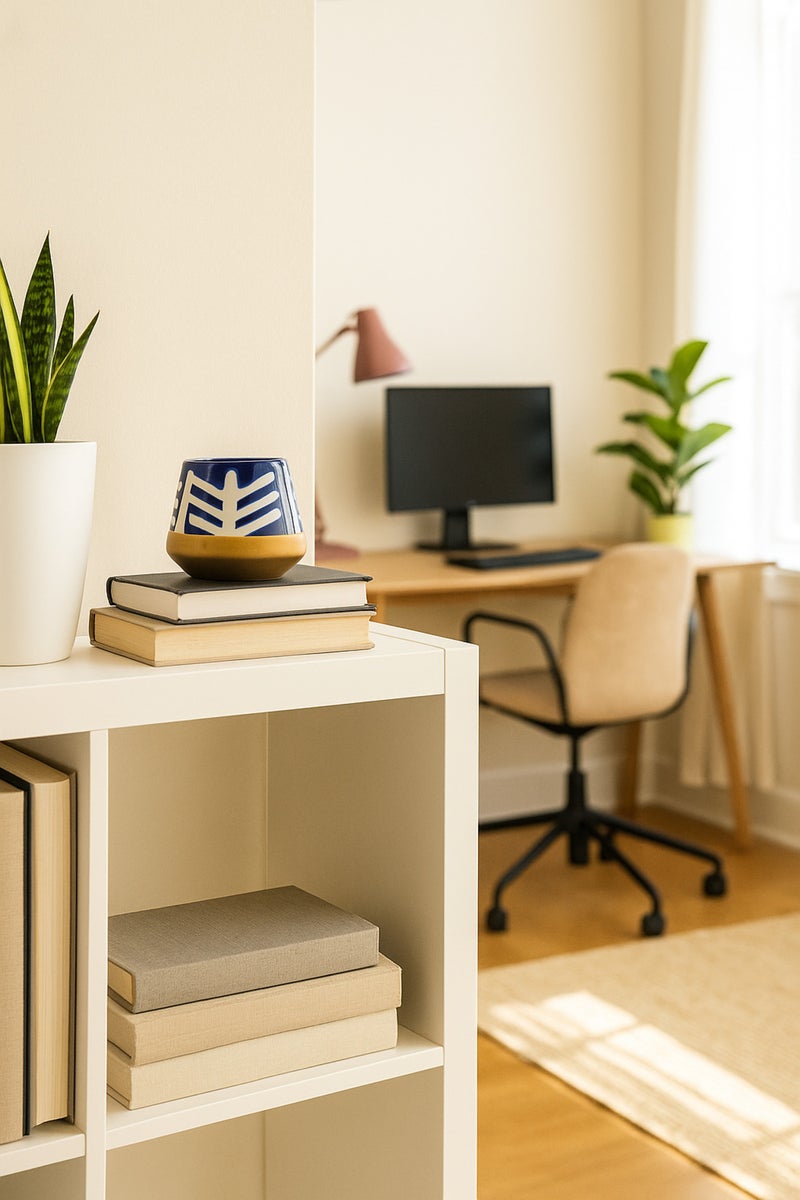 ماريا هومز وعاء سيراميك أزرق داكن وأبيض – وعاء زخرفي هندسي حديث - Image 2