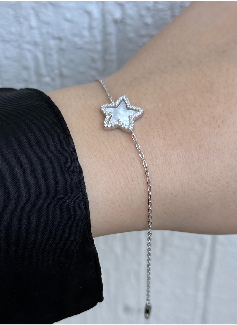 Al Kasr Jewelry Star Charm Bracelet - Adjustable - Sterling Silver 925 with Mother of Pearl and Zircon Stones-Plated Rhodium White Gold 18K  - Image 4
