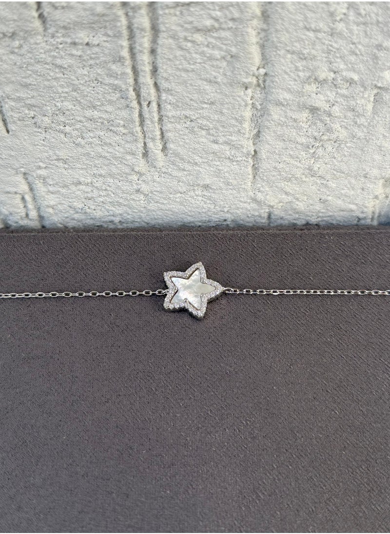 Al Kasr Jewelry Star Charm Bracelet - Adjustable - Sterling Silver 925 with Mother of Pearl and Zircon Stones-Plated Rhodium White Gold 18K  - Image 2