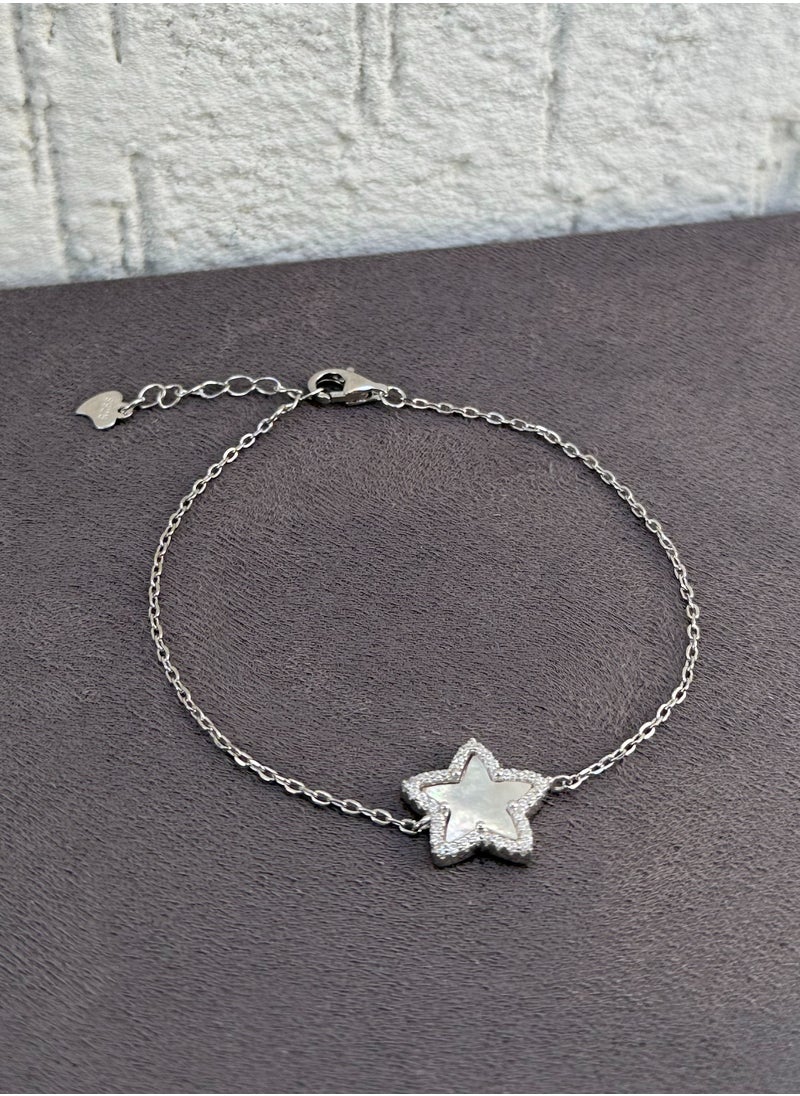 Al Kasr Jewelry Star Charm Bracelet - Adjustable - Sterling Silver 925 with Mother of Pearl and Zircon Stones-Plated Rhodium White Gold 18K  - Image 1