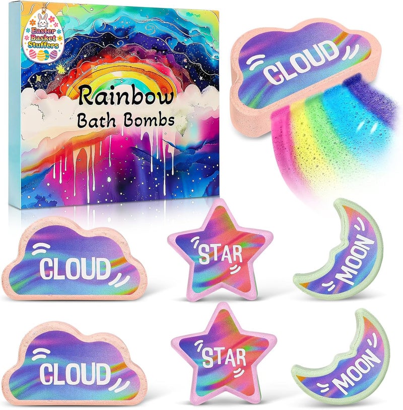 AWKUWA Rainbow Bath Bombs for Kids - 6 Pcs Handmade Natural Kids Bath Bombs, Organic Bubble Bath for Girls, Easter Gifts for Kids, Girls Easter Basket Stuffers - Image 1