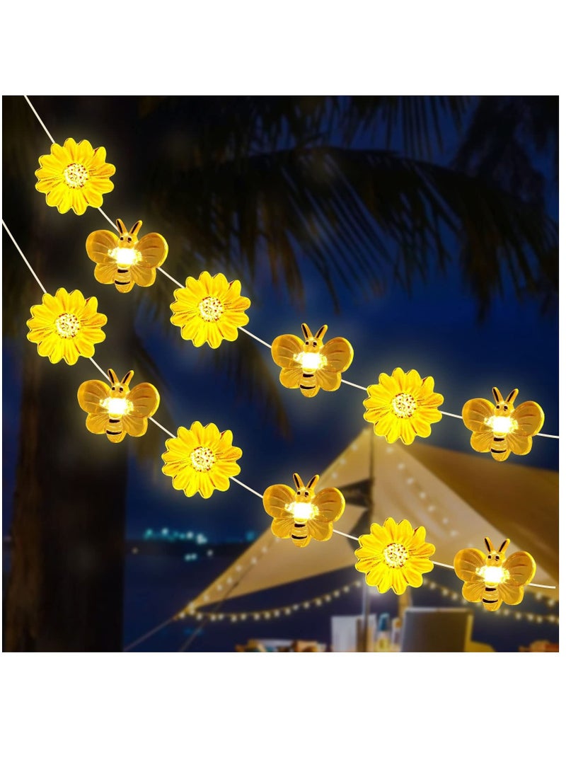 Zikra 2Pcs Honey Bee Fairy String Lights, Solar String Lights For Outside, 10FT 30LED Bumble Bee And Sunflower Fairy Lights Solar Powered, Bee Decorations String Lights For Party Baby Shower Bedroom - Image 1