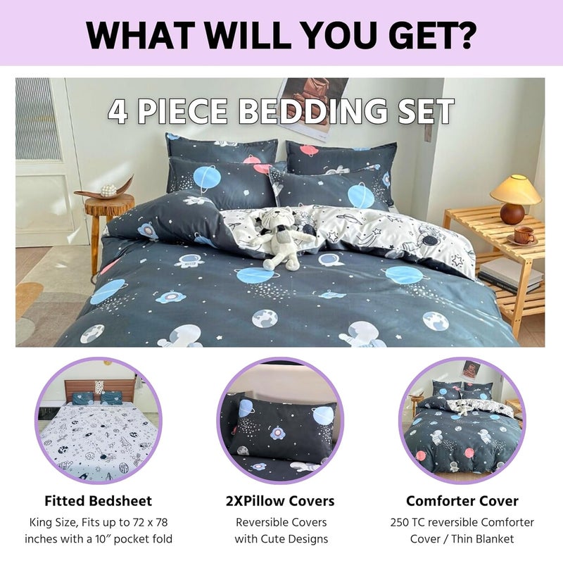 FAMYO Famyo 4pc Bedding Set King Size 250 TC Fitted Bedsheet Comforter Cover 2 Pillow Covers for Kids Duvet Bedding Set Astronaut in Space  - Image 3