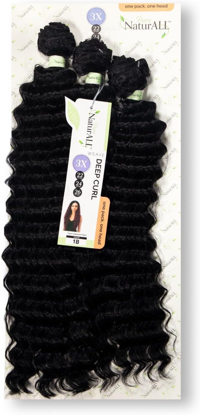 NaturALL SYNTHETIC LONG CURLY HAIR EXTENSION WEAVE 3 X DEEP CURL 2224 26 COLOR 1B