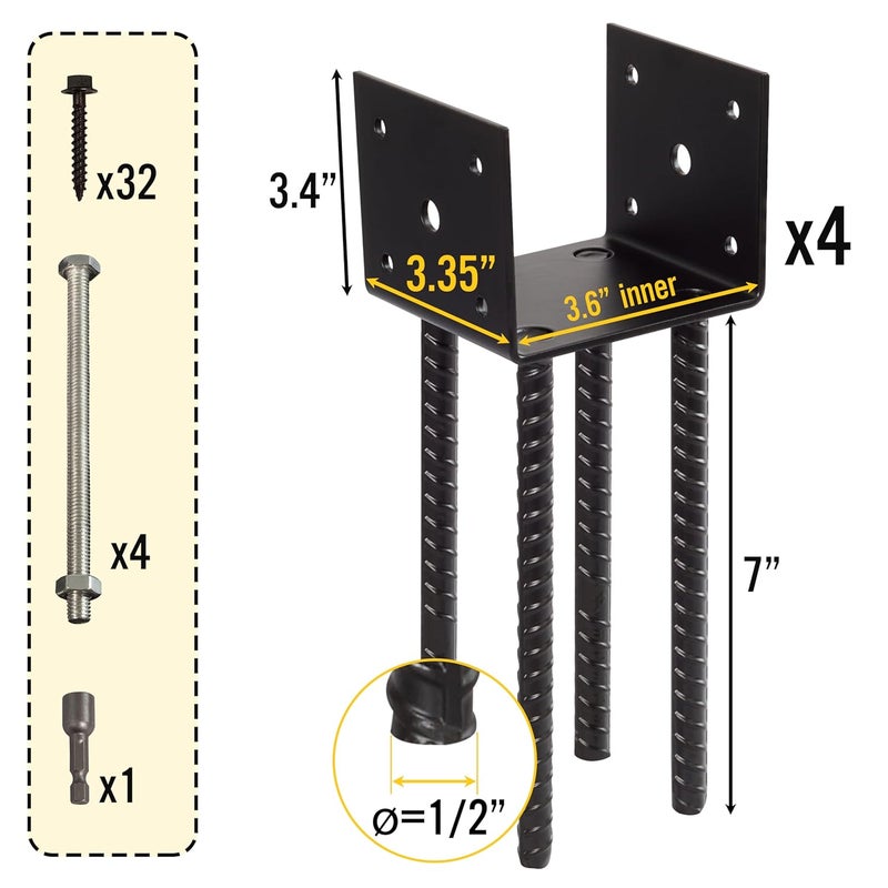 LADECH Fence Post Holder Ground Spike Use for Concrete Deck - Post Base Anchor Metal Black Powder Coated 4 Inches x 4 Inches (Inner Dia 3.5x3.5) 4 Pack - Image 3