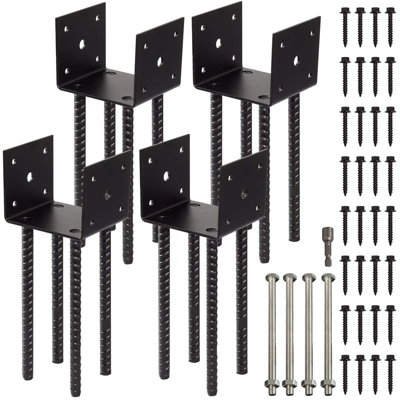 LADECH Fence Post Holder Ground Spike Use for Concrete Deck - Post Base Anchor Metal Black Powder Coated 4 Inches x 4 Inches (Inner Dia 3.5x3.5) 4 Pack - Image 1