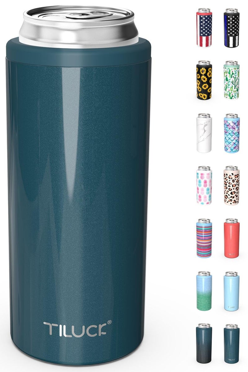 TILUCK Skinny Can Cooler for Slim Beer  Hard Seltzer Stainless Steel DoucleWalled Stainless Steel Insulated Slim Cans Standard 12 oz Glitter Indigo