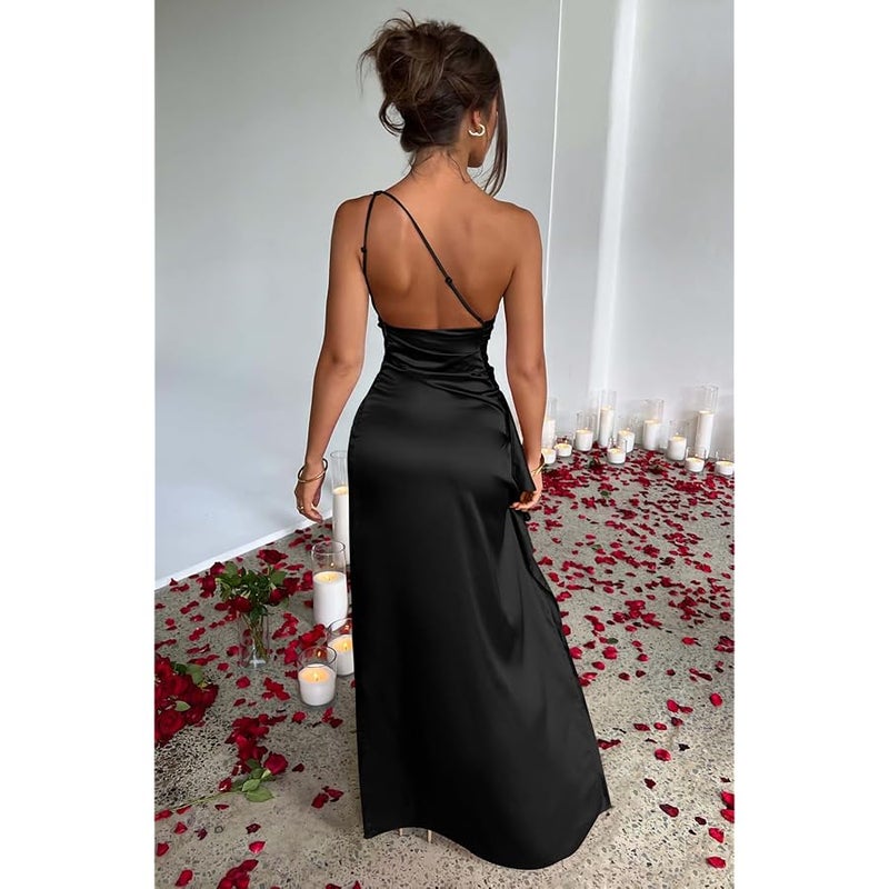 Memoriesea Women's Sexy One Shoulder Satin High Split Cocktail Wedding Party Maxi Dress - Image 5