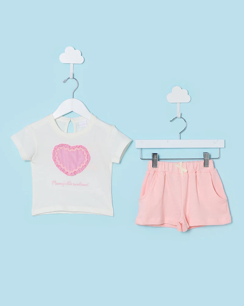 ردتاغ Infant Girls White and Pink And Embellished Top With Shorts Set