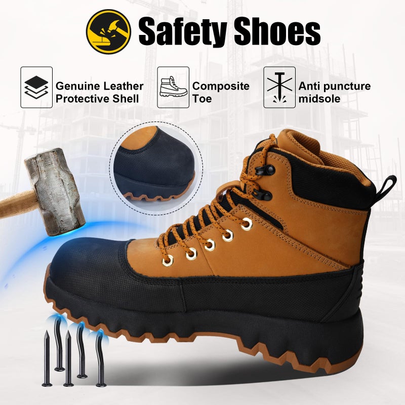 Peeldicou Mens Work Boots Composite Toe Boots for Men Genuine Leather Rubber Sole No Slip Waterproof Shoes Industrial & Construction Safety Boots - Image 2