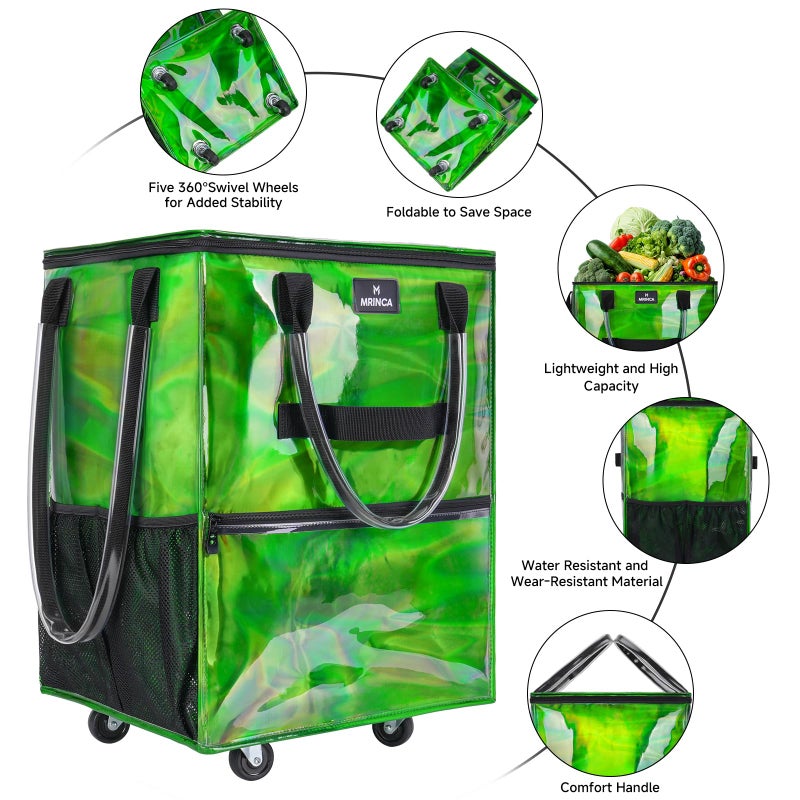 MRINCA Reusable Grocery Bag On Wheels, 70L Foldable Shopping Cart with Multiple Pockets & 3-Way Carry System, Zippered Top, Heavy Duty Handles for Groceries, Camping, Moving, Medium, Gradient Green - Image 5