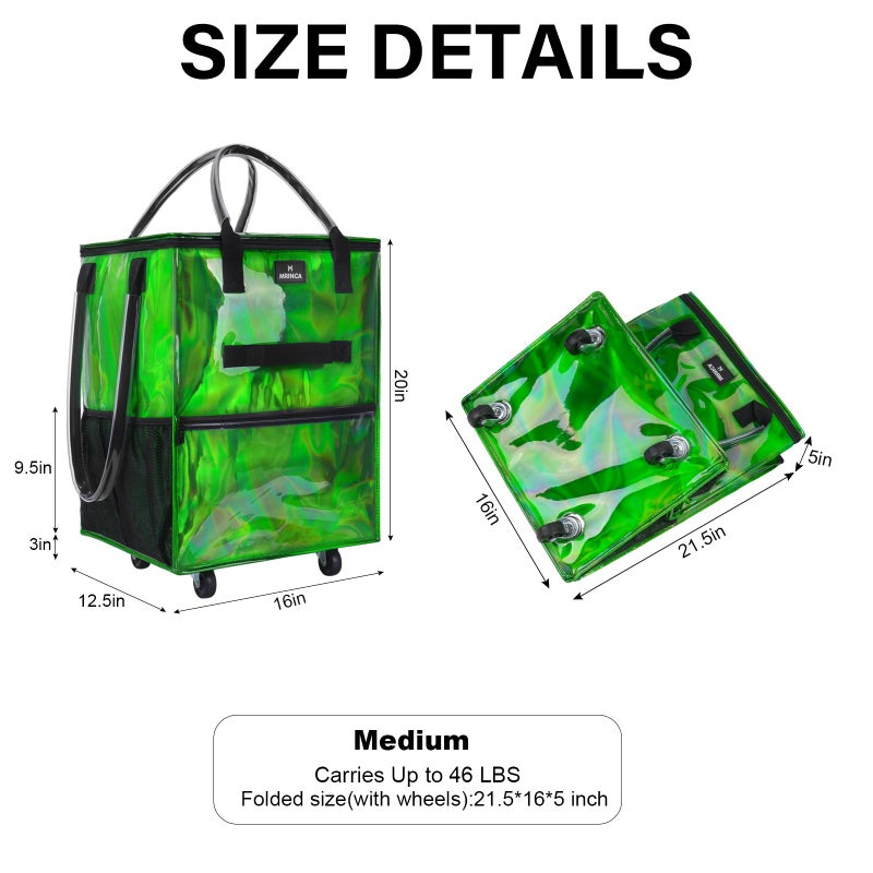 MRINCA Reusable Grocery Bag On Wheels, 70L Foldable Shopping Cart with Multiple Pockets & 3-Way Carry System, Zippered Top, Heavy Duty Handles for Groceries, Camping, Moving, Medium, Gradient Green - Image 3