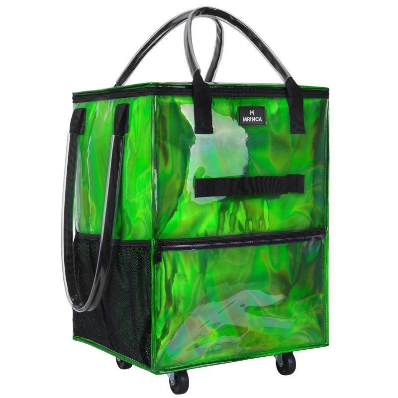MRINCA Reusable Grocery Bag On Wheels, 70L Foldable Shopping Cart with Multiple Pockets & 3-Way Carry System, Zippered Top, Heavy Duty Handles for Groceries, Camping, Moving, Medium, Gradient Green - Image 1