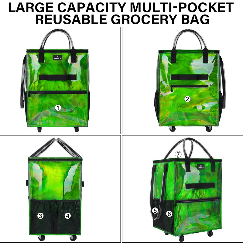 MRINCA Reusable Grocery Bag On Wheels, 70L Foldable Shopping Cart with Multiple Pockets & 3-Way Carry System, Zippered Top, Heavy Duty Handles for Groceries, Camping, Moving, Medium, Gradient Green - Image 4