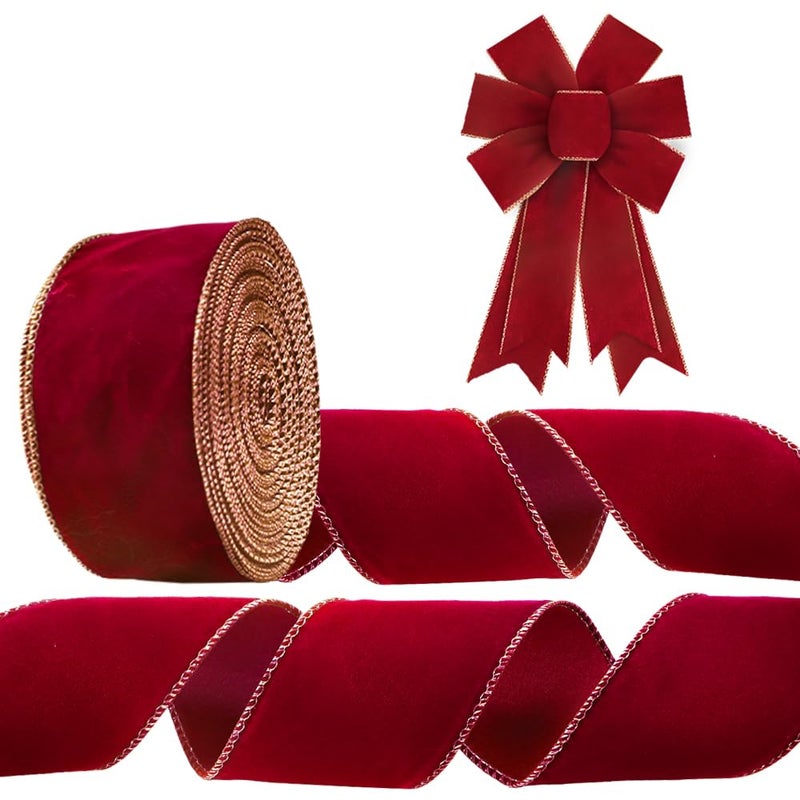 Threetols 10 Yards Red Velvet Wired Edge Ribbons 25inch Red Velvet Solid Ribbon Gilt Edged Burlap Ribbon for Valentines Day Birthday Party Wrapping DIY Craft Decoration Wreaths Bow