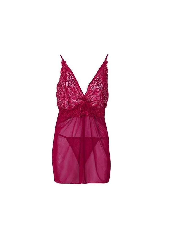 Generic - 1-Set Women's Fashion Deep V-neck Lace Stitching Nightdress,Lingerie Pajama Dress Set,Plus Size Homewear Nightgown,Colour Red - Image 1