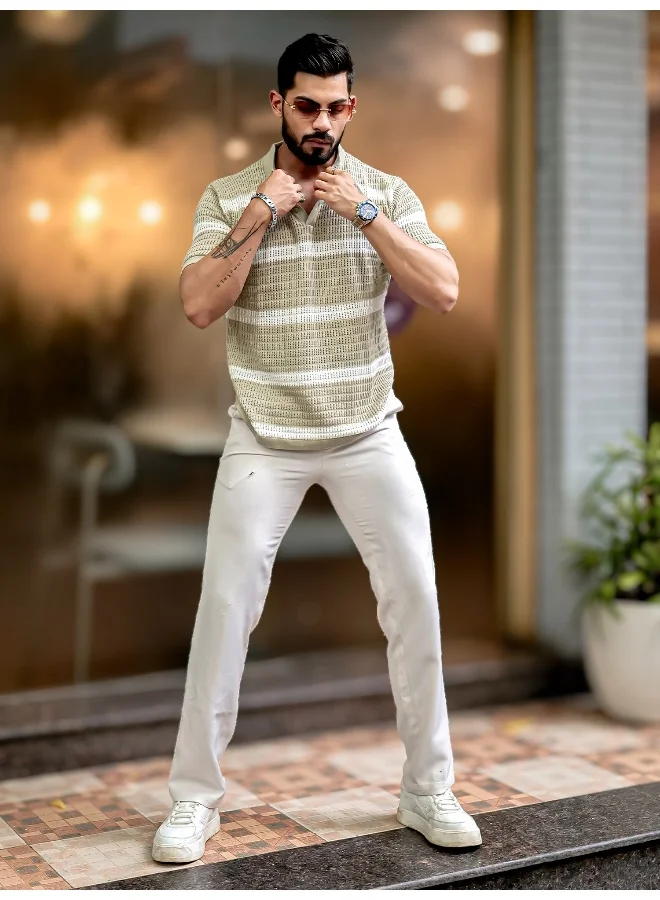 Maniac Maniac Men Half Sleeve Beige and White Sheer Flat Knit Cotton Polo T-Shirt