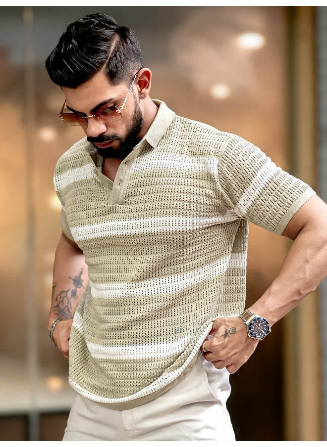 Maniac Maniac Men Half Sleeve Beige and White Sheer Flat Knit Cotton Polo T-Shirt  - Image 3
