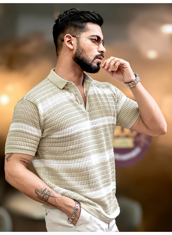 Maniac Maniac Men Half Sleeve Beige and White Sheer Flat Knit Cotton Polo T-Shirt  - Image 2