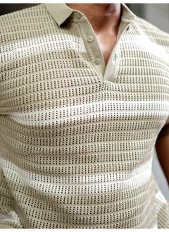 Maniac Maniac Men Half Sleeve Beige and White Sheer Flat Knit Cotton Polo T-Shirt  - Image 4