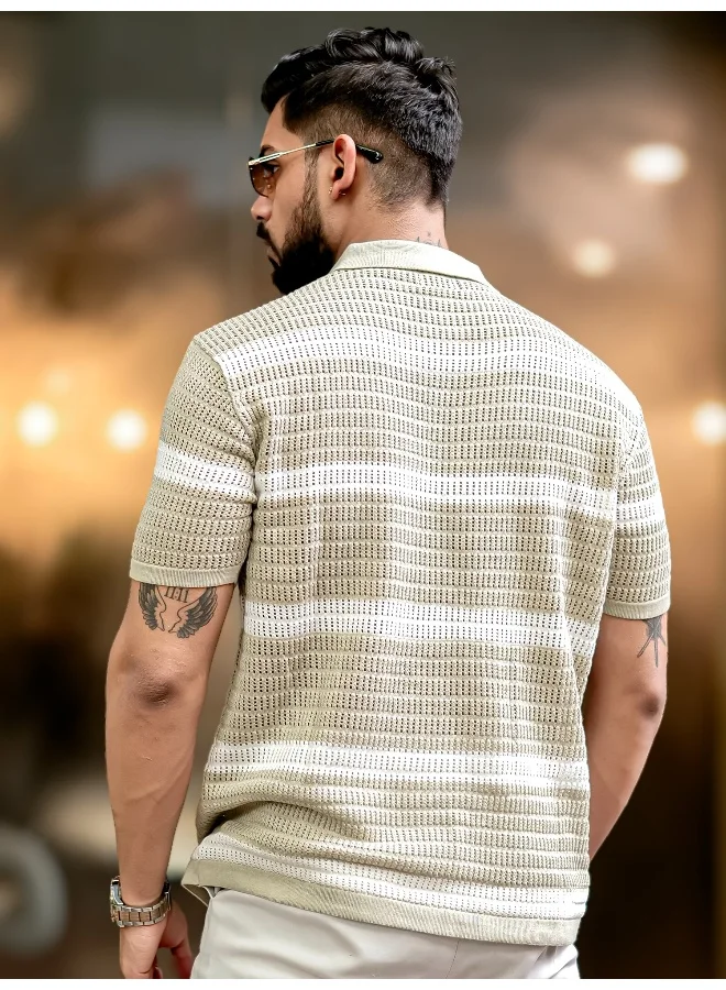 Maniac Maniac Men Half Sleeve Beige and White Sheer Flat Knit Cotton Polo T-Shirt