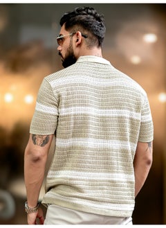 Maniac Maniac Men Half Sleeve Beige and White Sheer Flat Knit Cotton Polo T-Shirt  - Image 5