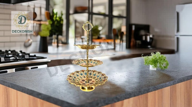 D DECKORISH Brass 3 Tier Multi Color Fancy Fruit Stand/Cake Stand 36 CM - Image 1