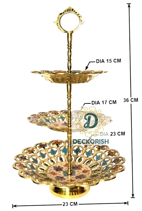 D DECKORISH Brass 3 Tier Multi Color Fancy Fruit Stand/Cake Stand 36 CM - Image 3