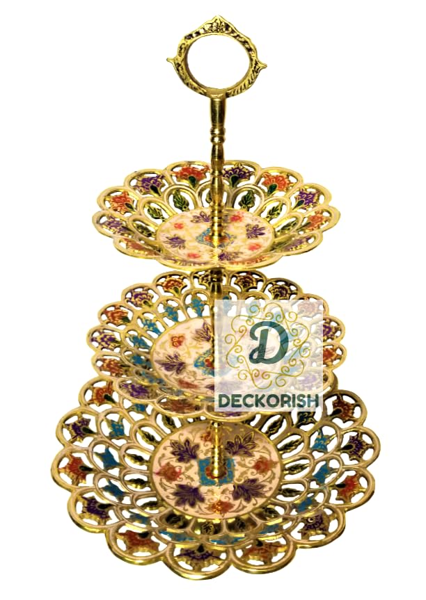 D DECKORISH Brass 3 Tier Multi Color Fancy Fruit Stand/Cake Stand 36 CM - Image 2