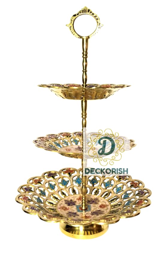 D DECKORISH Brass 3 Tier Multi Color Fancy Fruit Stand/Cake Stand 36 CM - Image 4