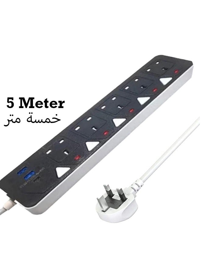 سلك تمديد الطاقة، شريط طاقة بطول 5 أمتار يحتوي على 2USB 1PD من النوع C ومقبس طاقة 5UK، مقبس تمديد للحماية من زيادة التيار بقوة 13 أمبير مع مصراع أمان للمنزل والمكتب والسفر (5M-5PW-2USB-1PD) - Image 2