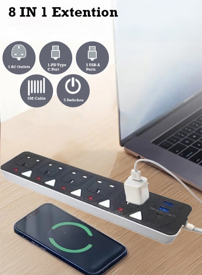 سلك تمديد الطاقة، شريط طاقة بطول 5 أمتار يحتوي على 2USB 1PD من النوع C ومقبس طاقة 5UK، مقبس تمديد للحماية من زيادة التيار بقوة 13 أمبير مع مصراع أمان للمنزل والمكتب والسفر (5M-5PW-2USB-1PD) - Image 4