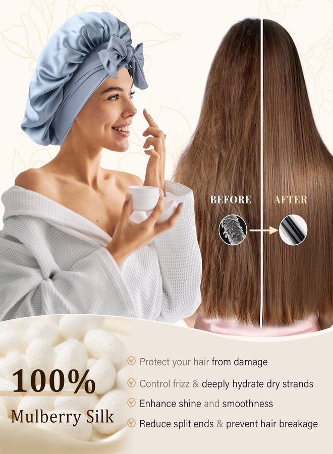 CHLINS 100% Mulberry Silk Bonnet for Women Hair Bonnet for Sleeping with Hair Scrunchy Elastic Tie Band Night Cap(Blue) - Image 5