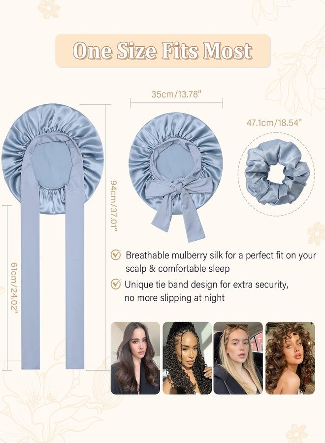 CHLINS 100% Mulberry Silk Bonnet for Women Hair Bonnet for Sleeping with Hair Scrunchy Elastic Tie Band Night Cap(Blue) - Image 2