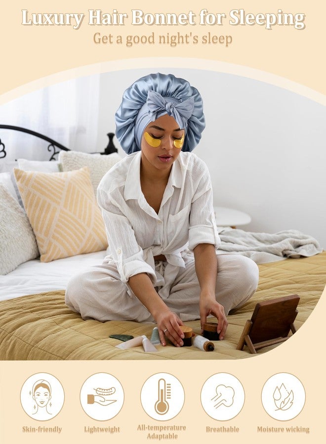 CHLINS 100% Mulberry Silk Bonnet for Women Hair Bonnet for Sleeping with Hair Scrunchy Elastic Tie Band Night Cap(Blue) - Image 3