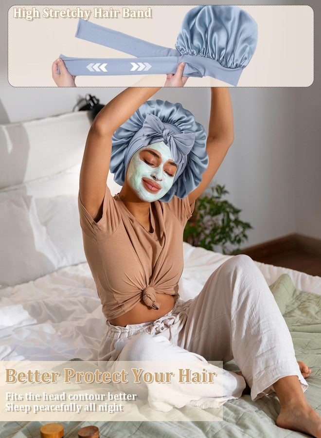 CHLINS 100% Mulberry Silk Bonnet for Women Hair Bonnet for Sleeping with Hair Scrunchy Elastic Tie Band Night Cap(Blue) - Image 4