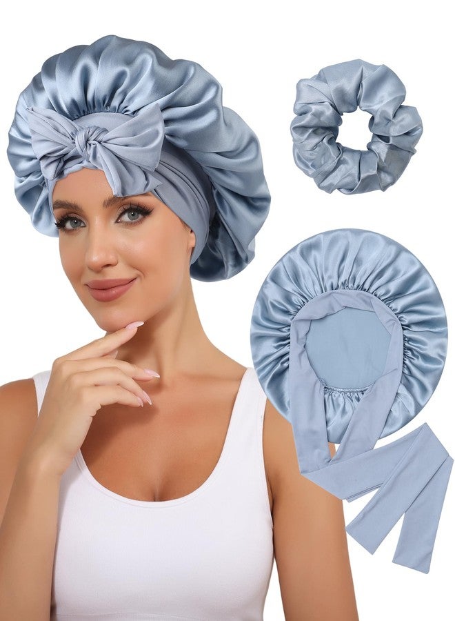 CHLINS 100% Mulberry Silk Bonnet for Women Hair Bonnet for Sleeping with Hair Scrunchy Elastic Tie Band Night Cap(Blue) - Image 1