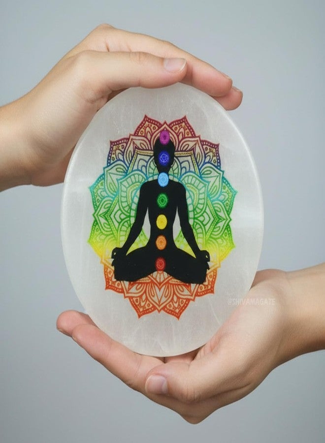 SHIVAMAGATE Natural Selenite Crystal Recharging Plate | Selenite 3D Carving 7 Chakra, Vastu, Meditation, Home Decor, Pooja, and Manifestation Colorful Round 7 Chakra Plate (Pack of 1) - Image 4