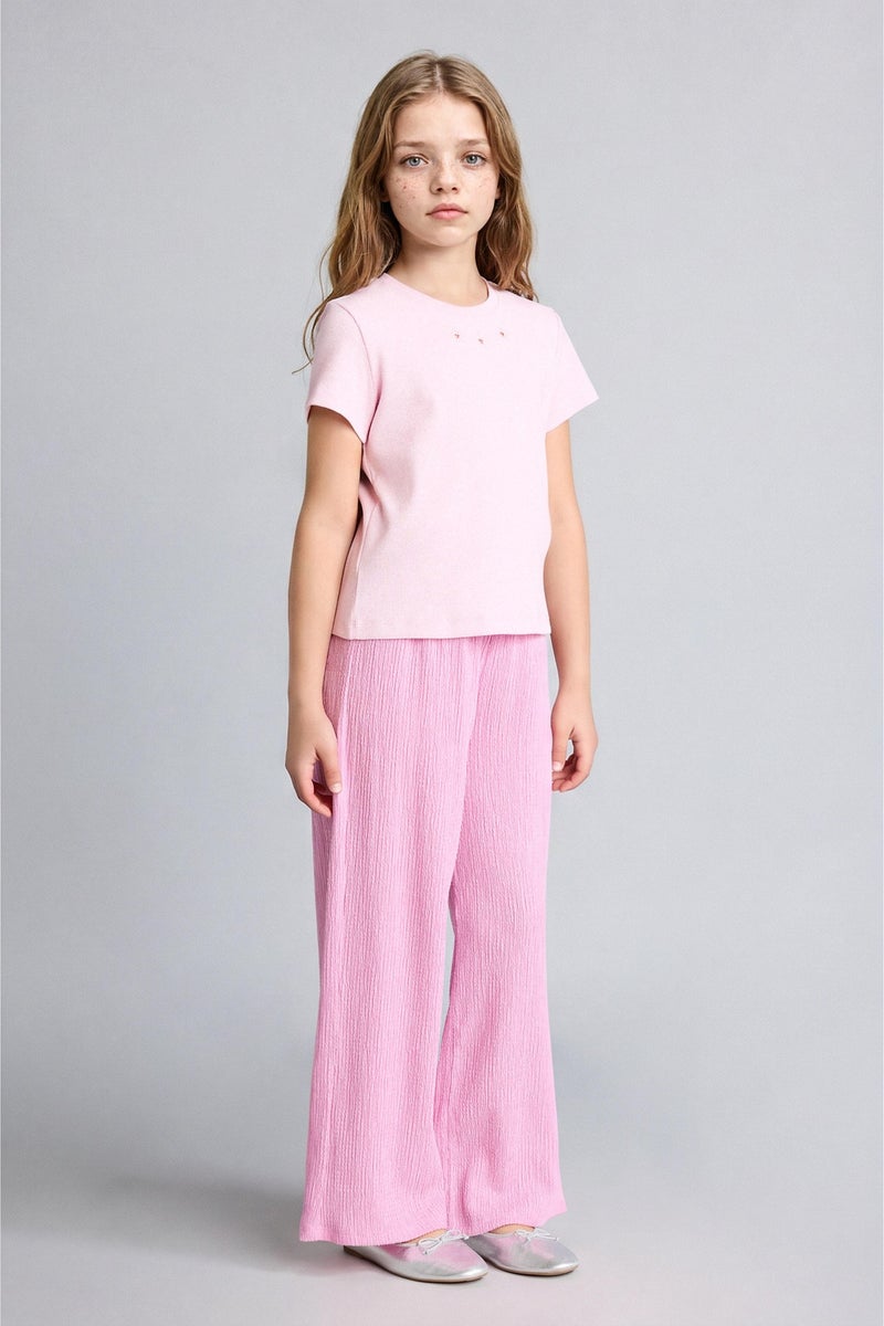 DeFacto Pink Girl Girl Culotte Wrinkled Textured Pink Trousers Casual - Image 2