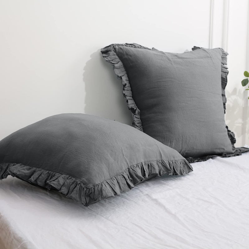 Simple&Opulence البسيطة والبخمة بنسبة 100 ٪ من الحجر الكتان الغسول مع شام باليورو مع الكشكش 26 × 26 بوصة تغطية وسادة مجموعة من 2 وسادة الزخرفة ناعمة وتنفس الرمادي الداكن  - Image 1